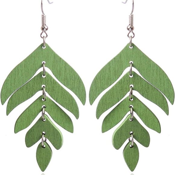 Jewelry - Handmade Lightweight Wooden Leaf Drop Dangle Earrings Bohemian Nature Wood Chain